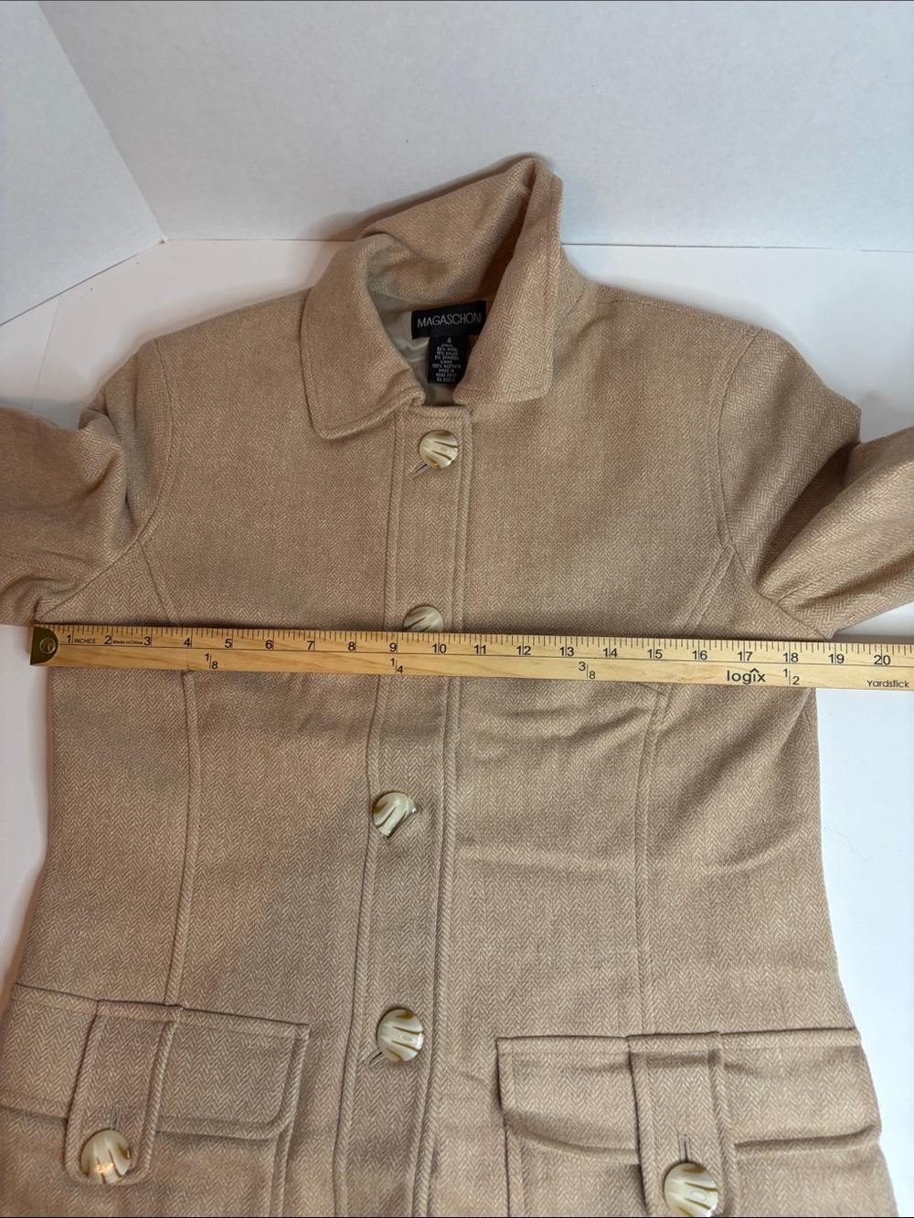 Magaschoni Trench Coat. Wool blend. Button Close. Lined. Herringbone. - Picture 16 of 16
